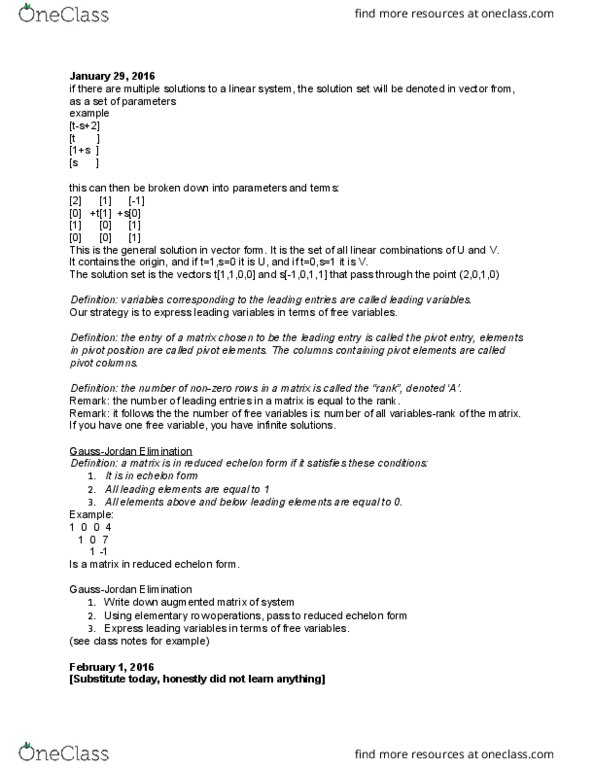 MATH125 Lecture Notes - Lecture 5: Row Echelon Form, Elementary Matrix, Free Variables And Bound Variables thumbnail