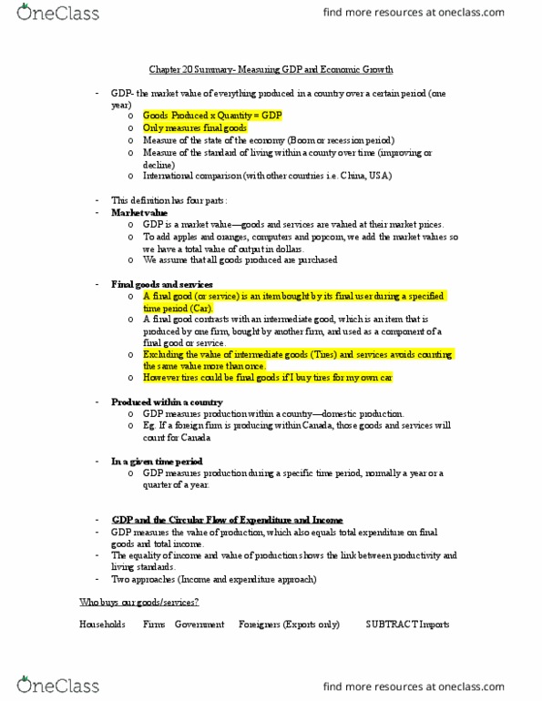 ECON 1010 Lecture Notes - Lecture 1: Gross Profit, Final Good, Income Approach thumbnail