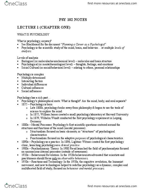 PSY 102 Lecture Notes - Lecture 1: Psy, Wilhelm Wundt, Cognitive Revolution thumbnail