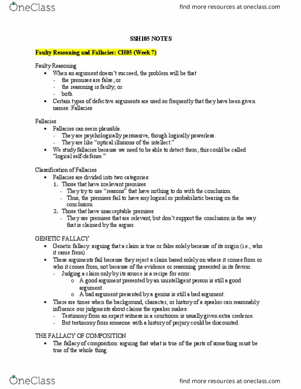 SSH 105 Lecture Notes - Lecture 7: Argumentum Ad Populum, Genetic Fallacy, Perjury thumbnail