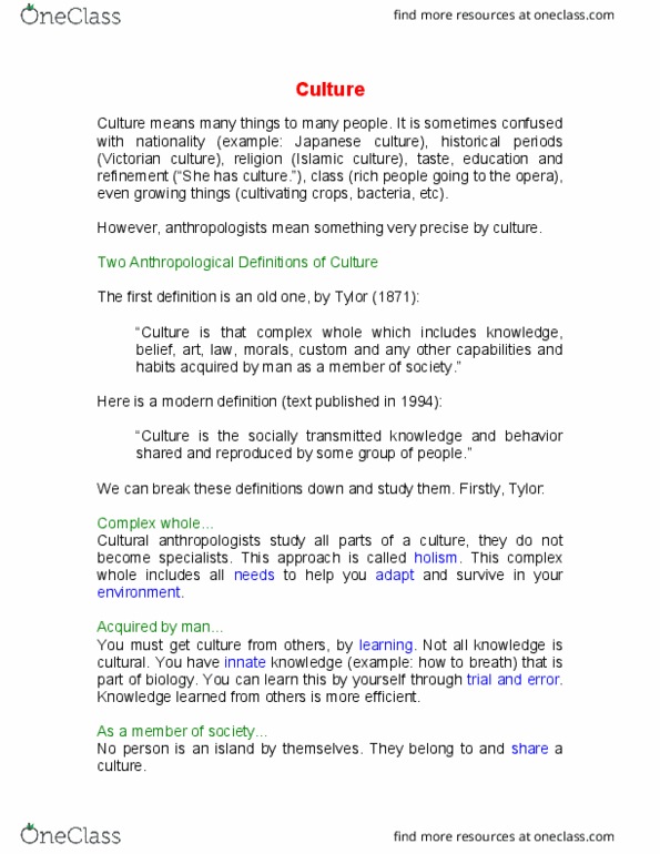 ANTH 202 Lecture Notes - Lecture 5: Trobriand Islands, Culture Change, Edward Burnett Tylor thumbnail