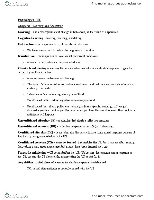 Psychology 1100E Chapter Notes - Chapter 6: Influenza Vaccine, Foodborne Illness, Habituation thumbnail
