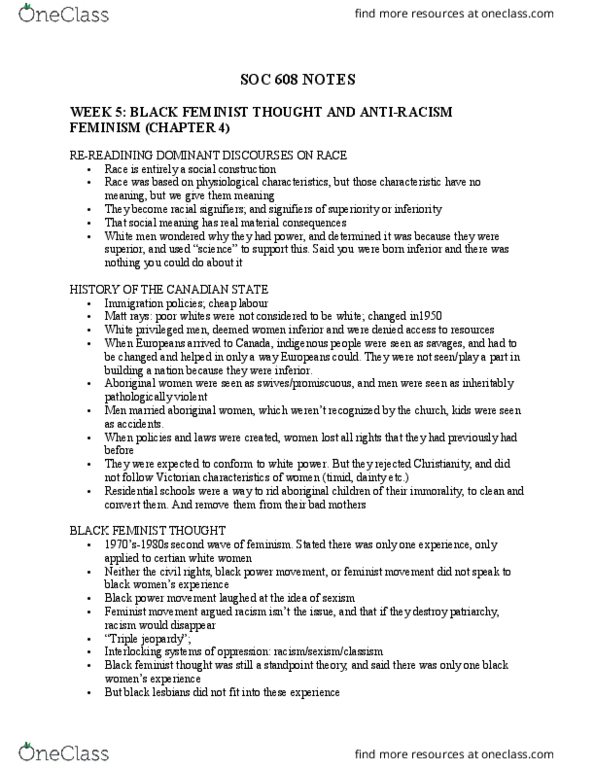 SOC 608 Lecture Notes - Lecture 5: Africville, Feminist Movement, Black Feminist Thought thumbnail