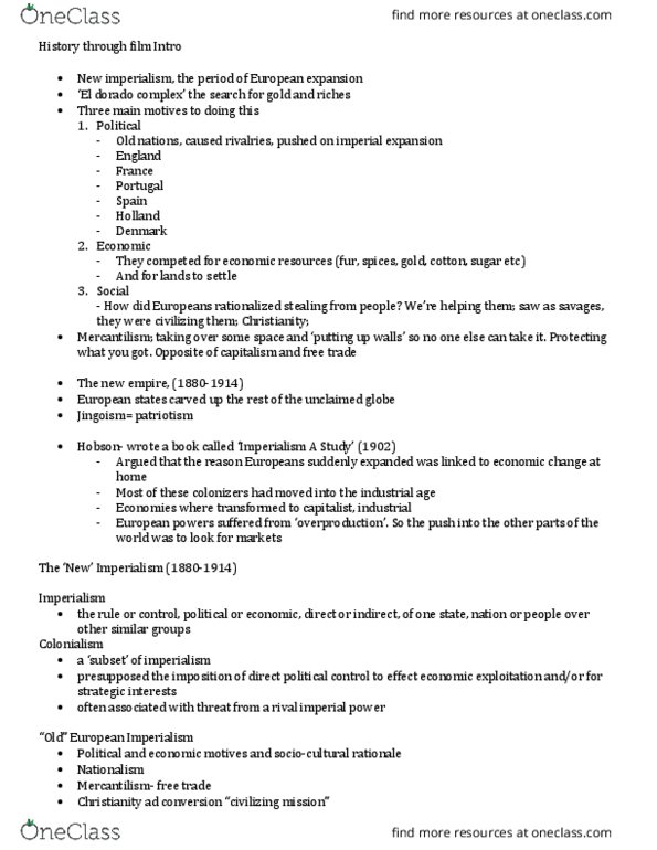 HST 219 Lecture Notes - Lecture 1: Civilizing Mission, Mercantilism, Jingoism thumbnail