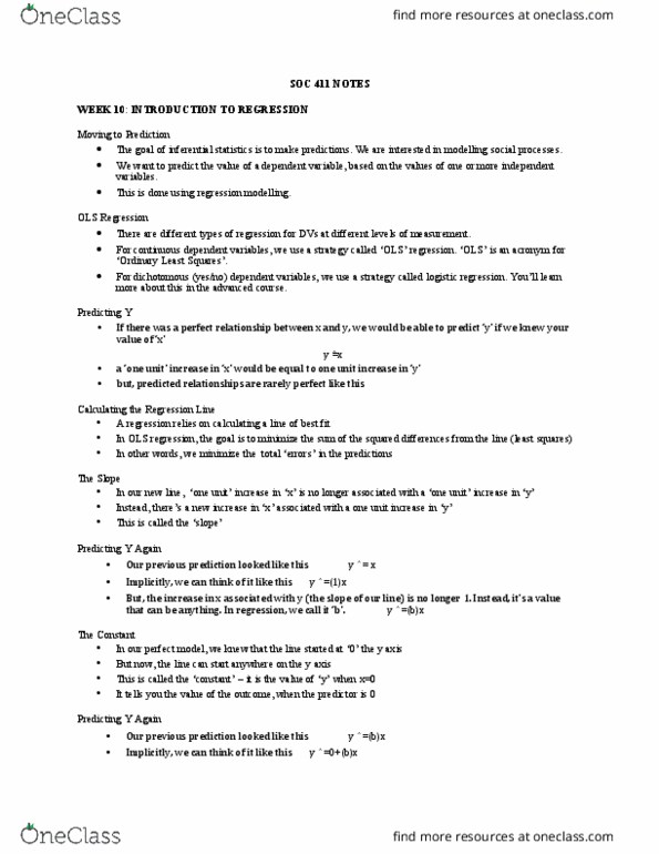 SOC 411 Lecture Notes - Lecture 10: Dependent And Independent Variables, Statistical Inference, Logistic Regression thumbnail