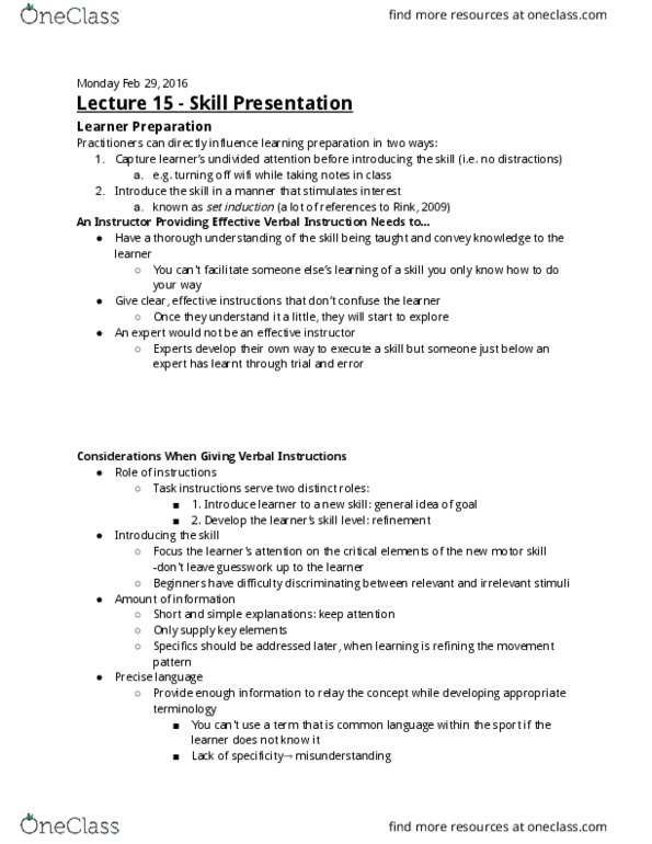 KP161 Lecture Notes - Lecture 15: General Idea, Implicit Learning, Motor Skill thumbnail