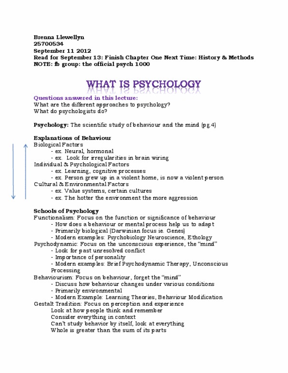 Psychology 1000 Lecture Notes - Ethology, Behaviorism thumbnail