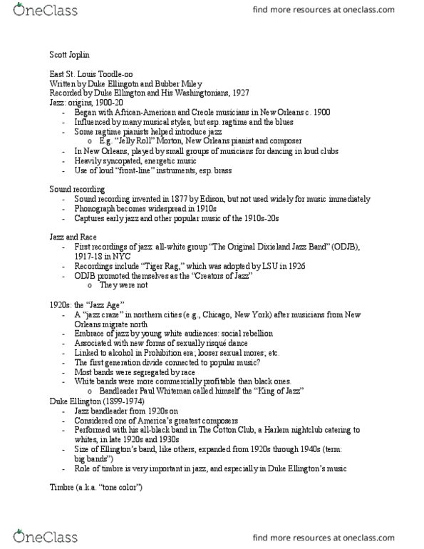 MUS 1600 Lecture Notes - Lecture 6: Duke Ellington, Jelly Roll Morton, Original Dixieland Jass Band thumbnail