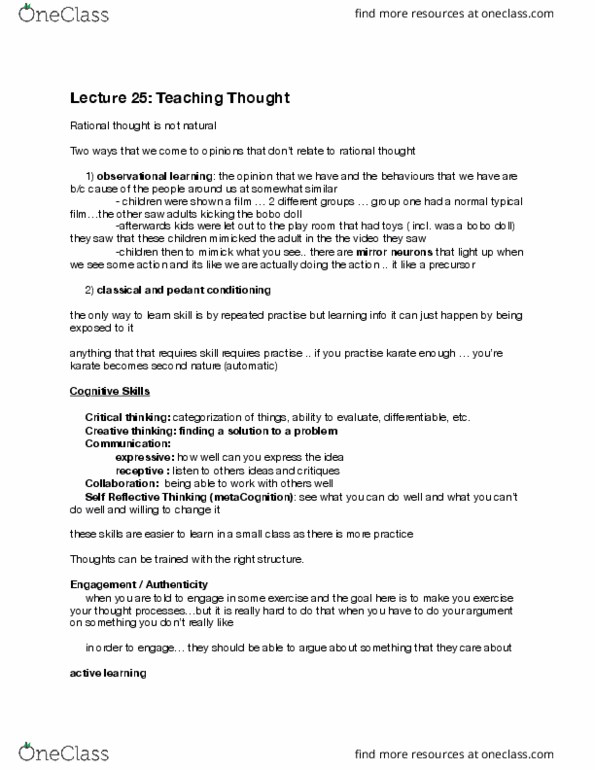PSYA01H3 Lecture Notes - Lecture 25: Critical Thinking, Mirror Neuron, Observational Learning thumbnail