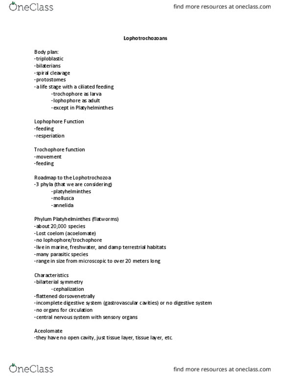 BIOL 211 Lecture Notes - Lecture 9: Lophotrochozoa, Lophophore, Triploblasty thumbnail