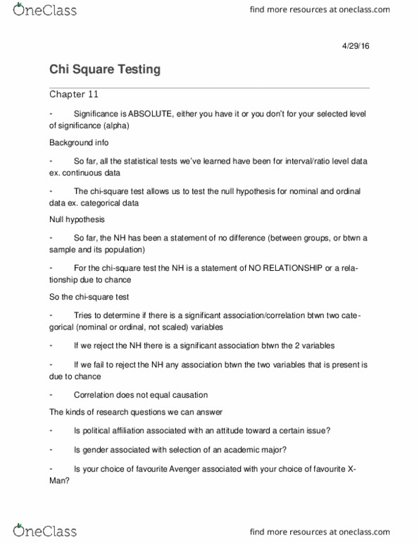 SOSC 2500 Lecture Notes - Lecture 11: Contingency Table, Null Hypothesis, Categorical Variable thumbnail