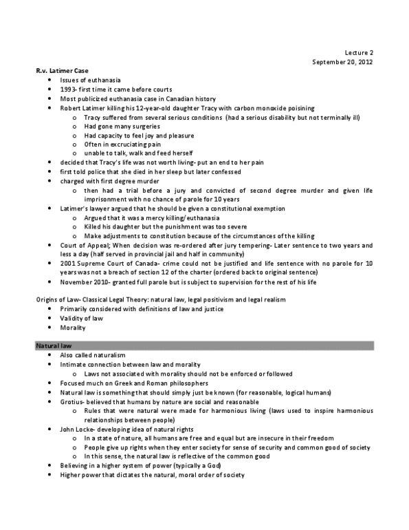 SOC323H5 Lecture Notes - Lecture 2: Robert Latimer, Legal Realism, Natural And Legal Rights thumbnail