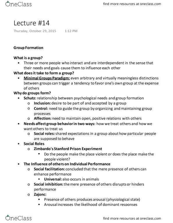 PSYCH 280 Lecture Notes - Lecture 14: Social Inhibition, Social Facilitation, Stanford Prison Experiment thumbnail