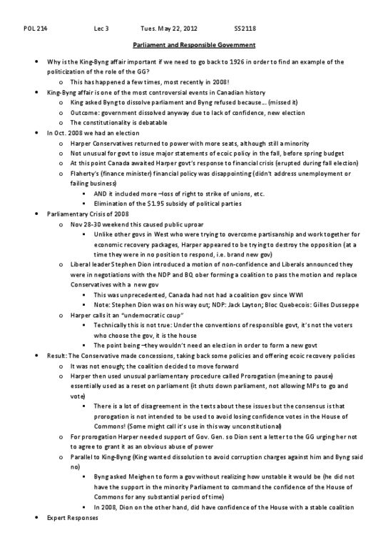 POL214Y1 Lecture Notes - Jack Layton, Parliamentary Procedure, English Canada thumbnail