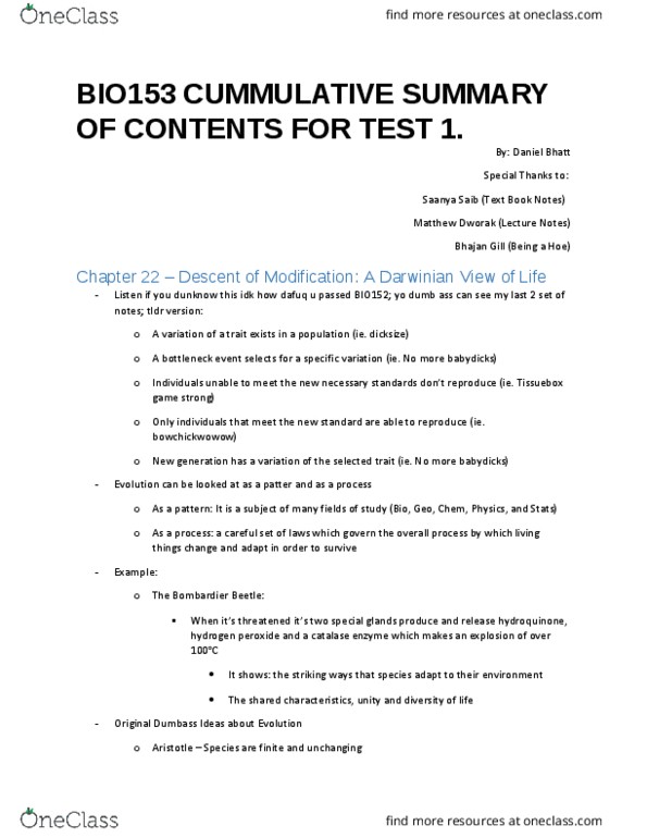 All Educational Materials For BIO153H5 At University Of