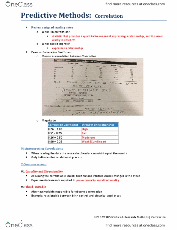 HPED 2030 Lecture Notes - Lecture 5: Epidemiology, Pearson Product-Moment Correlation Coefficient, Predictive Modelling thumbnail