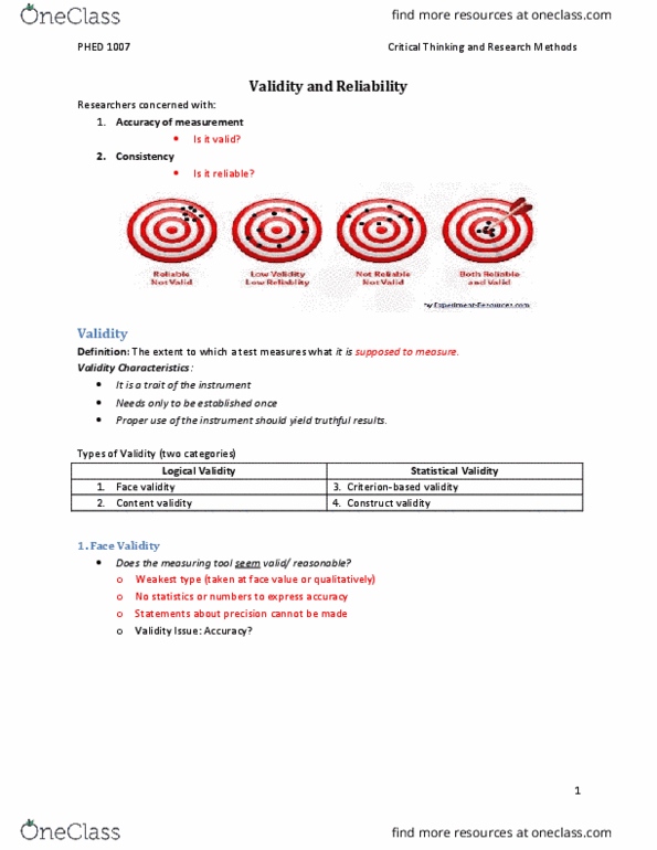 HPED 2030 Lecture Notes - Lecture 8: Content Validity, Face Validity thumbnail