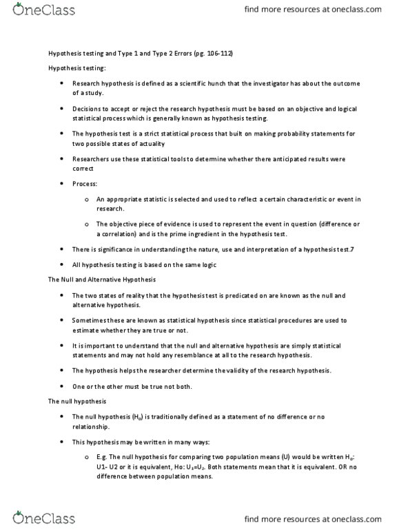 HPED 2030 Lecture Notes - Lecture 1: Sampling Distribution, Alternative Hypothesis, Type I And Type Ii Errors thumbnail