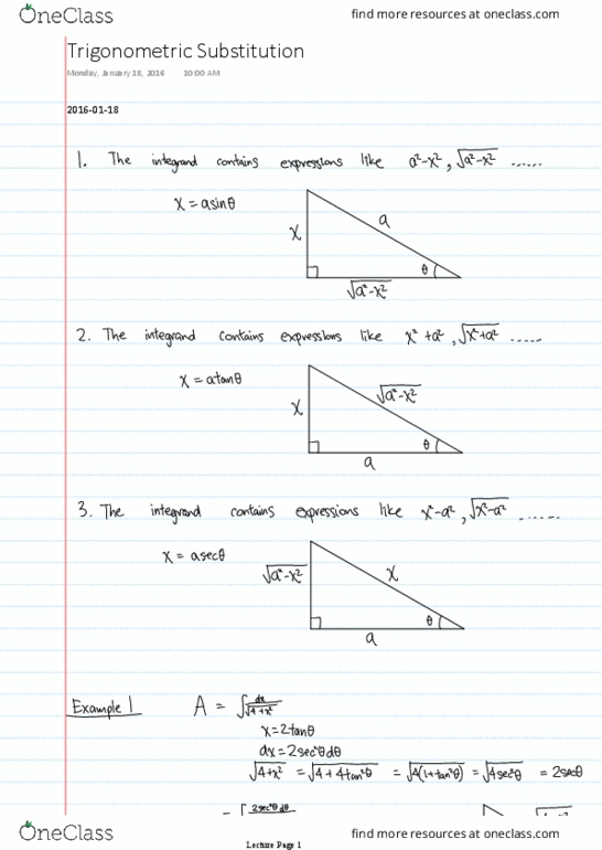MATH101 Lecture 5: MATH 101 - 5 Trigonometric Substitution thumbnail