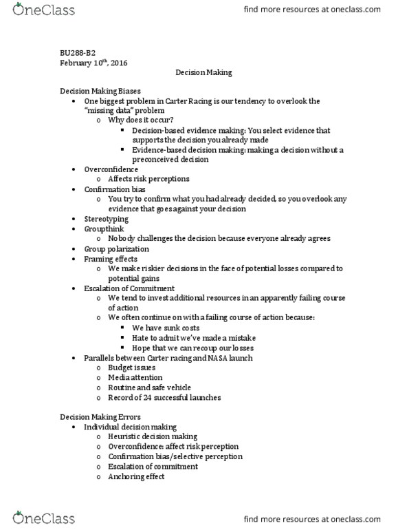 BU288 Lecture Notes - Lecture 10: Impression Management, Homicide, Loss Aversion thumbnail