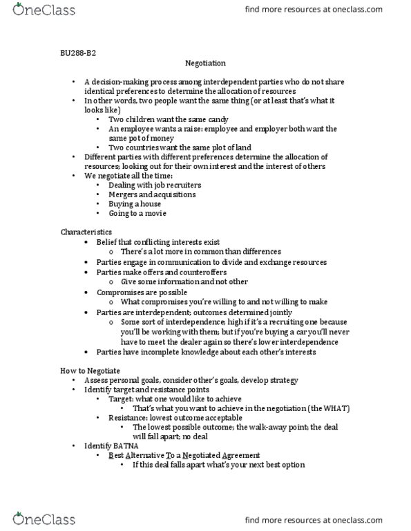 BU288 Lecture Notes - Lecture 9: Escalation Of Commitment, Job Interview, Negotiation thumbnail