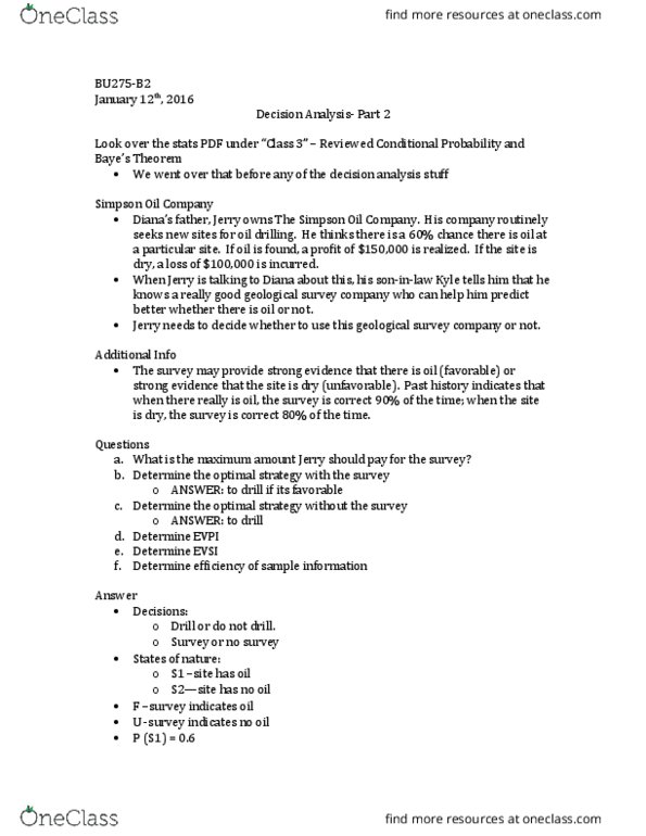 BU283 Lecture Notes - Lecture 18: Decision Analysis, Conditional Probability, Expected Value Of Perfect Information thumbnail