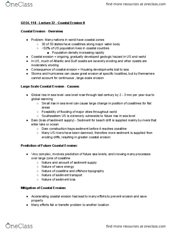 GEOL 118 Lecture Notes - Lecture 32: Sediment Transport, Beach Nourishment, Wave Power thumbnail