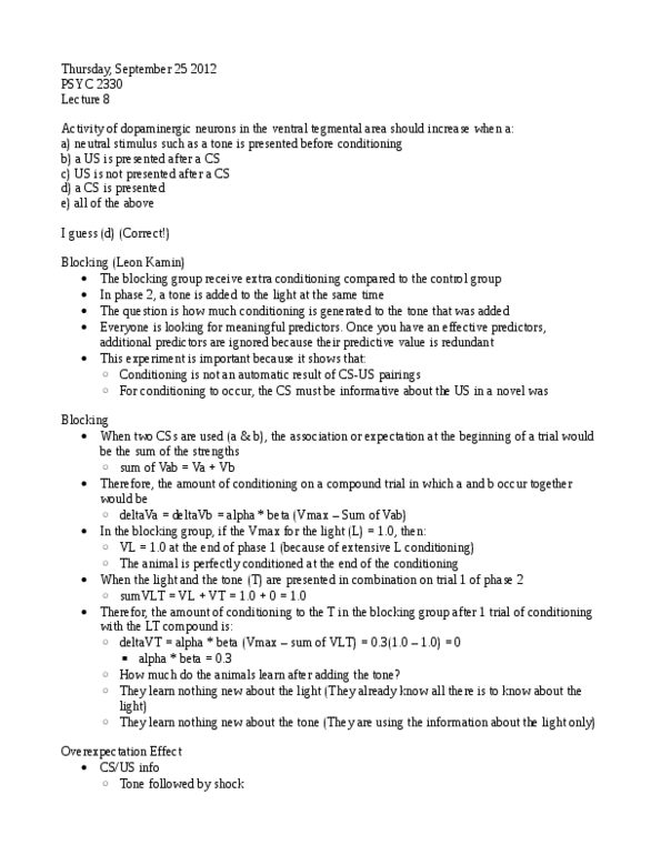 PSYC 2330 Lecture Notes - Lecture 7: Leon Kamin, Tegmentum, Classical Conditioning thumbnail