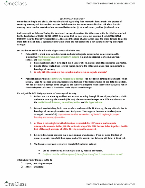 PSYCH 230 Lecture Notes - Lecture 18: Explicit Memory, Karl Lashley, Law Of Mass Action thumbnail