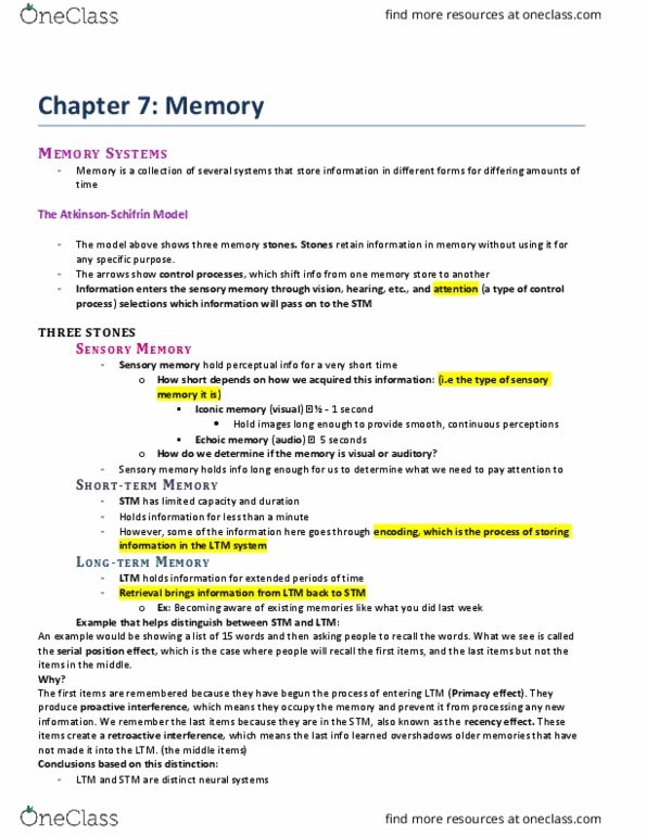 PSYA01H3 Chapter Notes - Chapter 7: Sketchpad, Echoic Memory, Interference Theory thumbnail