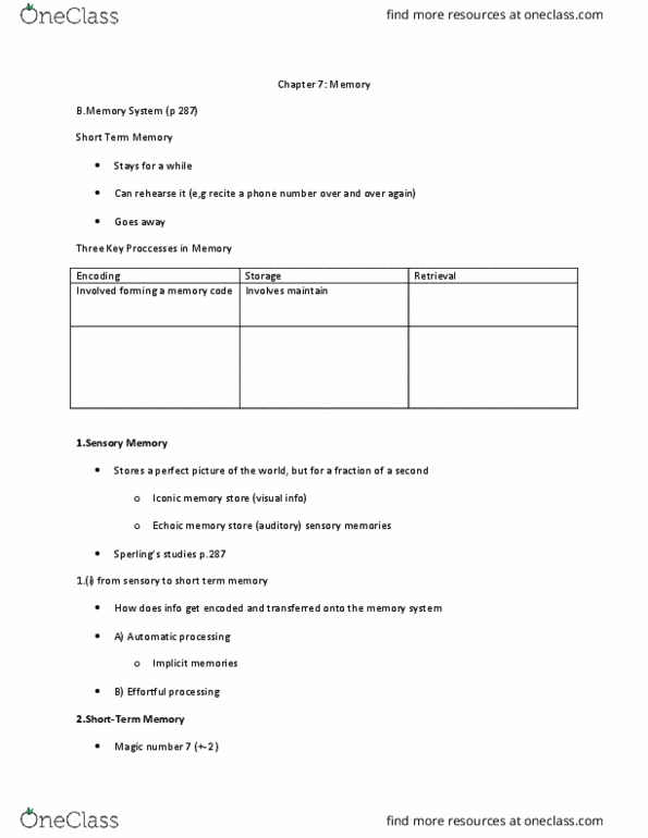 PSYC 1010 Lecture Notes - Lecture 9: Echoic Memory, Iconic Memory, Long-Term Memory thumbnail