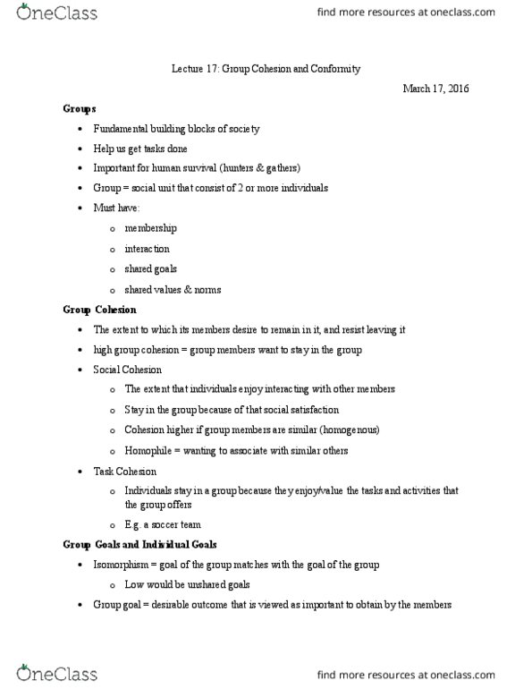 SOCPSY 1Z03 Lecture Notes - Lecture 17: Milgram Experiment, Deindividuation, Isomorphism thumbnail