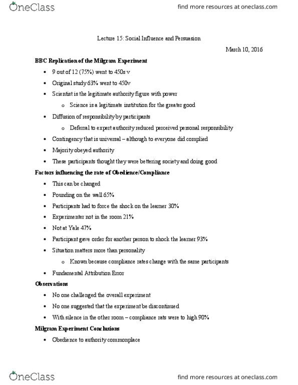 SOCPSY 1Z03 Lecture Notes - Lecture 15: Milgram Experiment, Social Influence, Deferral thumbnail