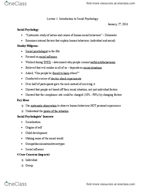 SOCPSY 1Z03 Lecture Notes - Lecture 1: Child Development, Stanley Milgram, Social Influence thumbnail