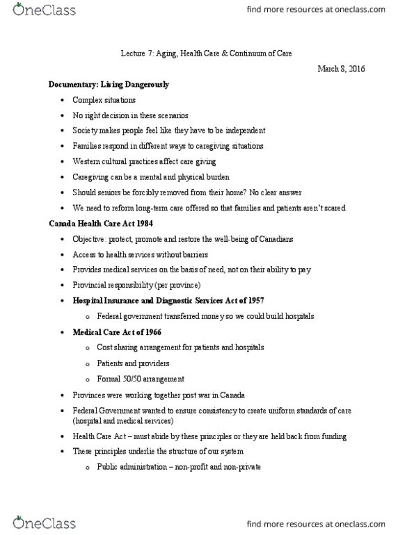 HLTHAGE 1BB3 Lecture Notes - Lecture 7: Family Caregivers, Canada Health Act, Public Administration thumbnail