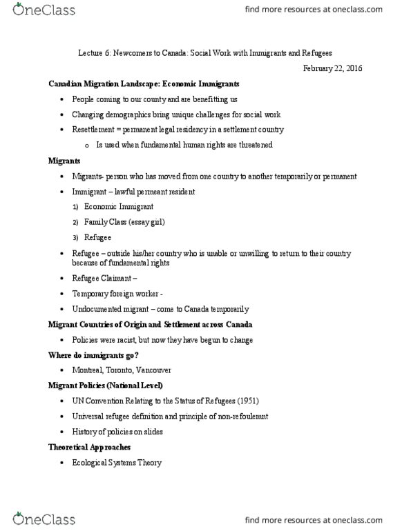 SOCWORK 1A06 Lecture Notes - Lecture 6: Canadian Multiculturalism Act, Ecological Systems Theory, Unaccompanied Minors thumbnail