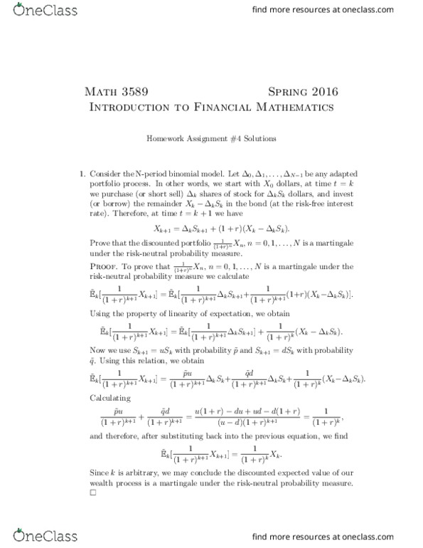 MATH 3589 Lecture Notes - Lecture 4: Random Variable, Adapted Process, Fair Coin thumbnail