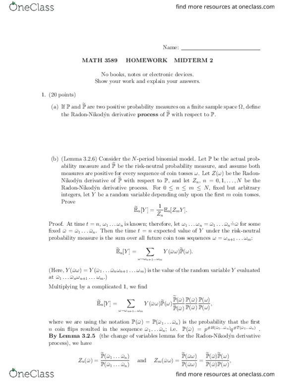 MATH 3589 Lecture Notes - Lecture 2: Random Variable, Risk Neutral, Sample Space thumbnail