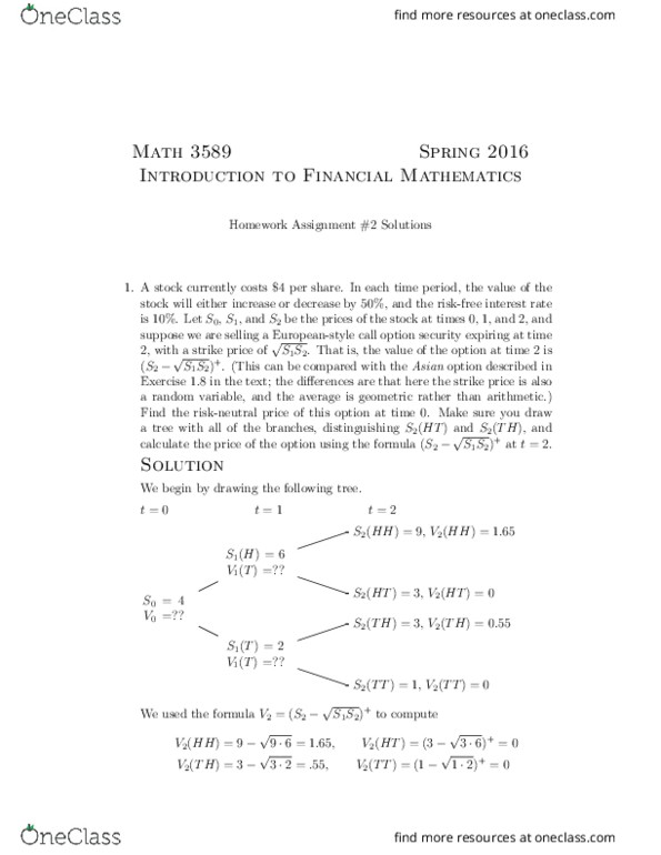 MATH 3589 Lecture Notes - Lecture 4: Random Variable, Arbitrage, Risk-Free Interest Rate thumbnail