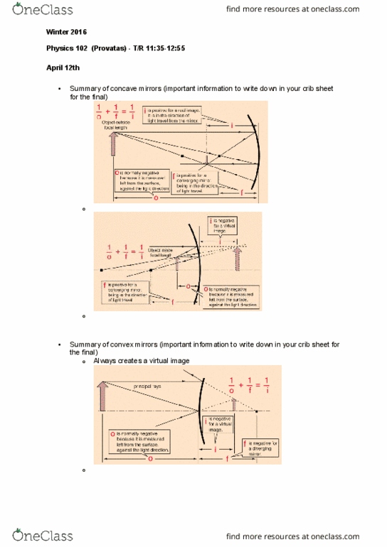 PHYS 102 Lecture Notes - Lecture 25: Plane Mirror, Cheat Sheet, Virtual Image thumbnail