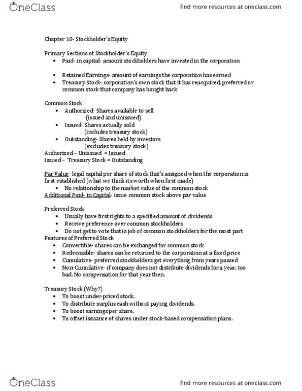 ACCT 2101 Chapter Notes - Chapter 10: Treasury Stock, Stock Split, Debits And Credits thumbnail