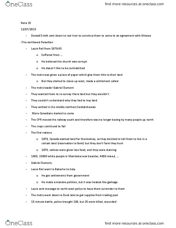 HST 307 Lecture Notes - Lecture 15: North-West Rebellion thumbnail