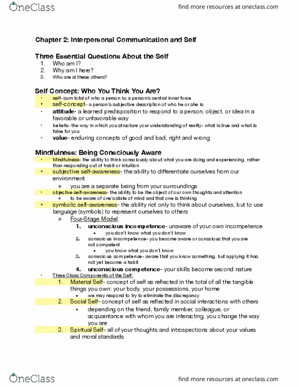 COMM 110 Lecture Notes - Lecture 2: Johari Window, Social Comparison Theory, Extraversion And Introversion thumbnail