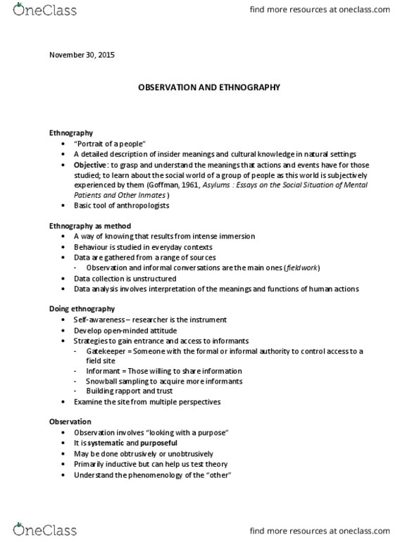 CRM 2303 Lecture Notes - Lecture 16: Participant Observation, Ethnography, Thick Description thumbnail