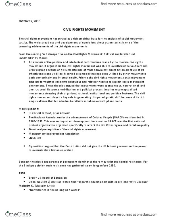 SOC 1105 Lecture Notes - Lecture 5: Elijah Muhammad, Montgomery Improvement Association, Resource Mobilization thumbnail