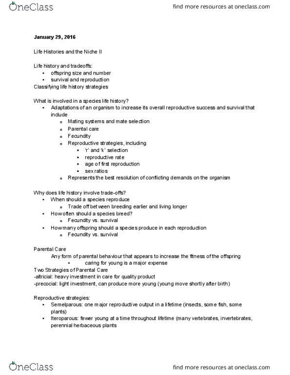 BIOL208 Lecture Notes - Lecture 7: Herbaceous Plant, Semelparity And Iteroparity, Altricial thumbnail