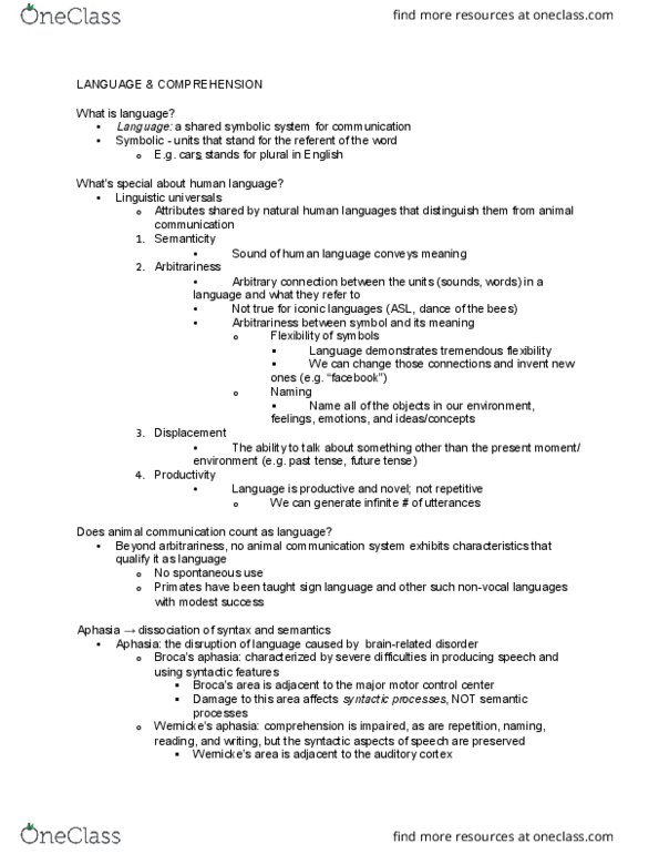 PSYC 380 Lecture Notes - Lecture 10: Animal Communication, Aphasia, Auditory Cortex thumbnail