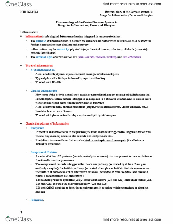 HTHSCI 2H03 Lecture Notes - Lecture 14: Shortness Of Breath, Bradykinin, Platelet-Activating Factor thumbnail