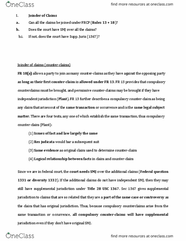 LAW 110 Chapter Notes - Chapter Joinder rule explanation: Impleader, Sua Sponte, Supplemental Jurisdiction thumbnail