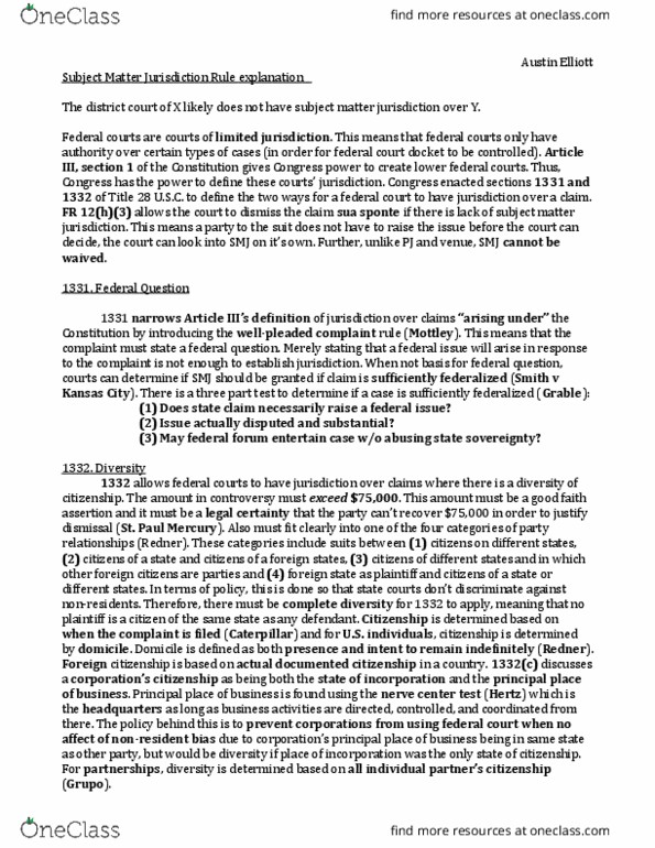 LAW 110 Chapter Notes - Chapter SMJ rule explanation: Legal Certainty, Subject-Matter Jurisdiction, Sua Sponte thumbnail